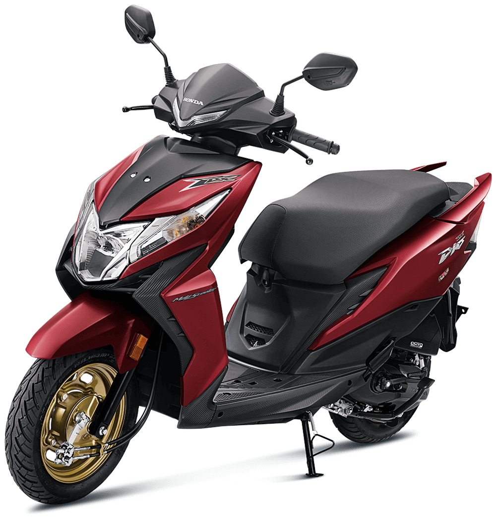 Checkout Deluxe red Honda Dio OBD2 at reasonable price exclusively at Rushabh Honda, Nashik. Best Two wheeler Honda Dealers for years.